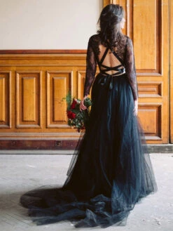 Gothic Black Wedding Dresses A-Line Long Sleeves Backless Lace Up With Train Lace Bridal Gown Free Customization -Dresses Store f3c58f13 bcb6 4c62 a96c d47fb5011ad7