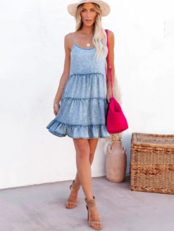 Shift Dresses Spaghetti Straps Sleeveless Cowboy Ruffles Straps Neck Layered Tube Dress Baby Blue -Dresses Store f856bc80 b808 46f6 b412 3114ff6c0fd3